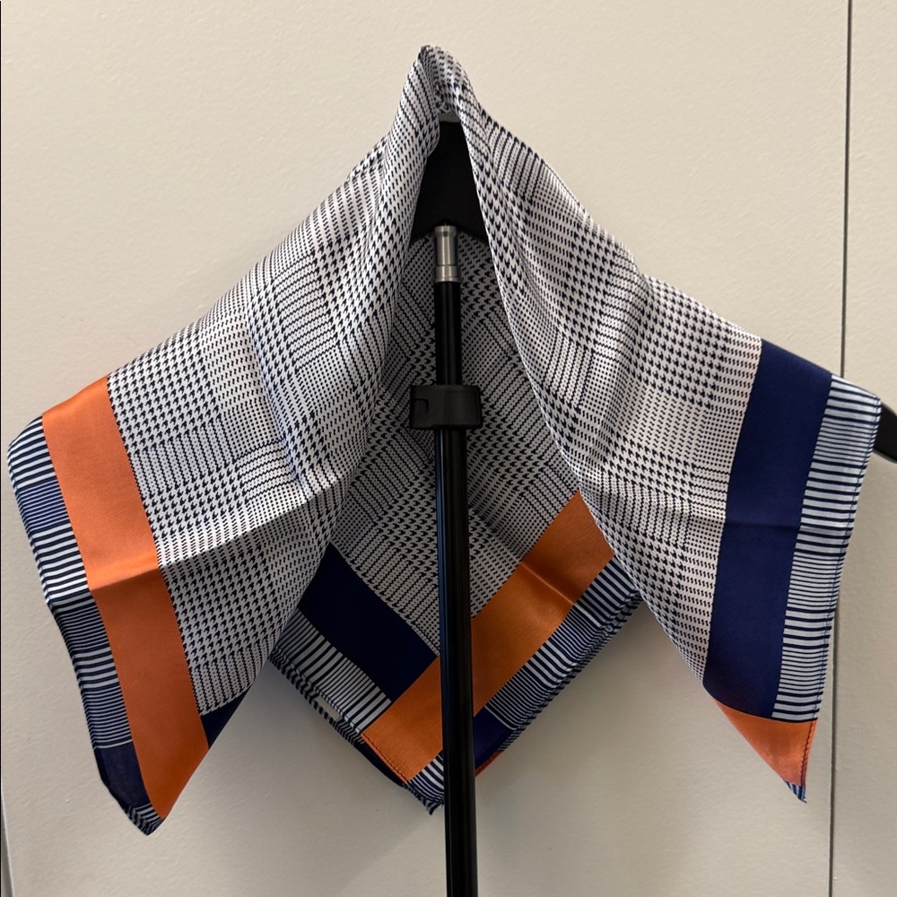 100% Silk Plaid Scarf with Orange and Blue Accents